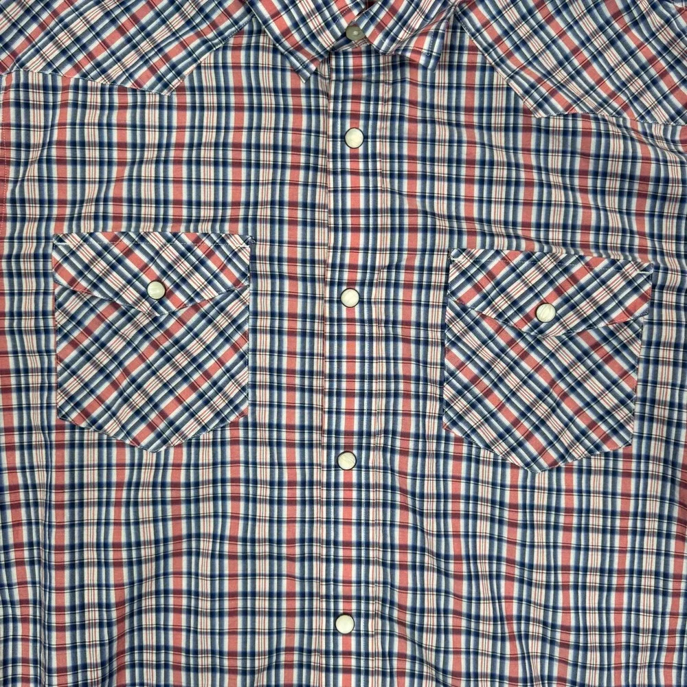 Banana Republic Mens Western Pearl Snap Plaid Shirt Red White Blue Large Stretch